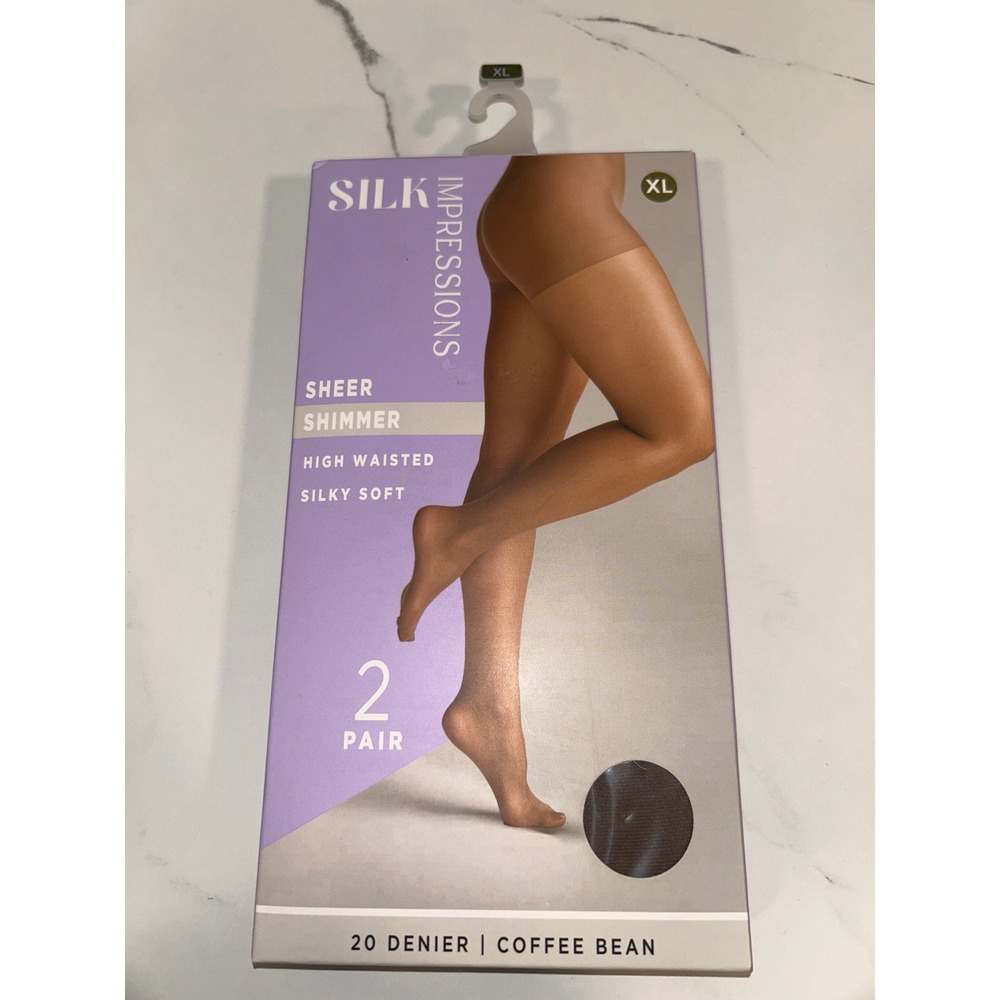 Silk Impressions Sheer Shimmer High Waist Pantyhose Coffee Bean XL 20 Denier 2PR